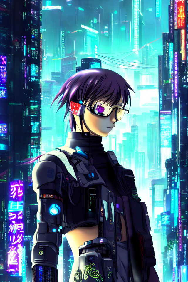 Purple-haired cyberpunk with futuristic glasses and cybernetic enhancements in neon-lit cityscape