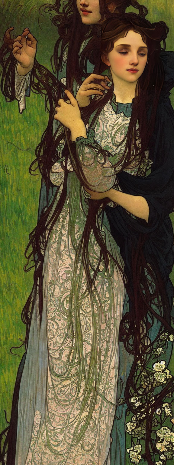 Art Nouveau Style Painting of Two Women in Ornate Dresses