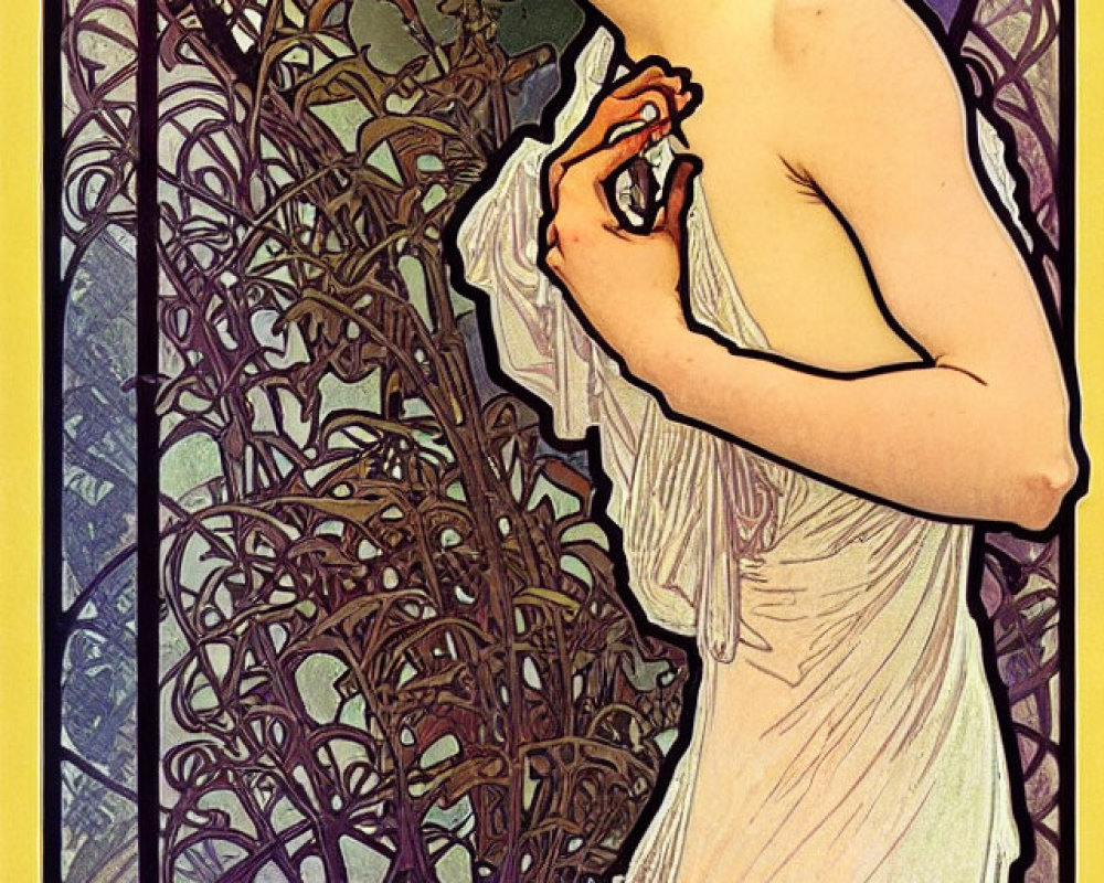 Detailed Art Nouveau Woman in Flowing White Gown & Floral Backdrop