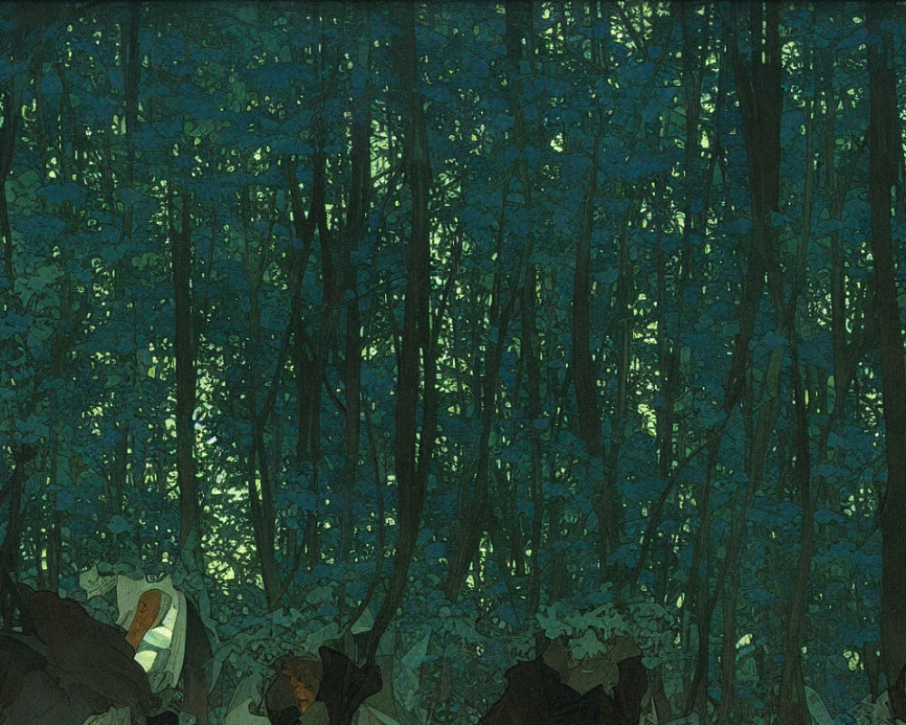 Twilight forest scene with dense foliage and two figures exploring.