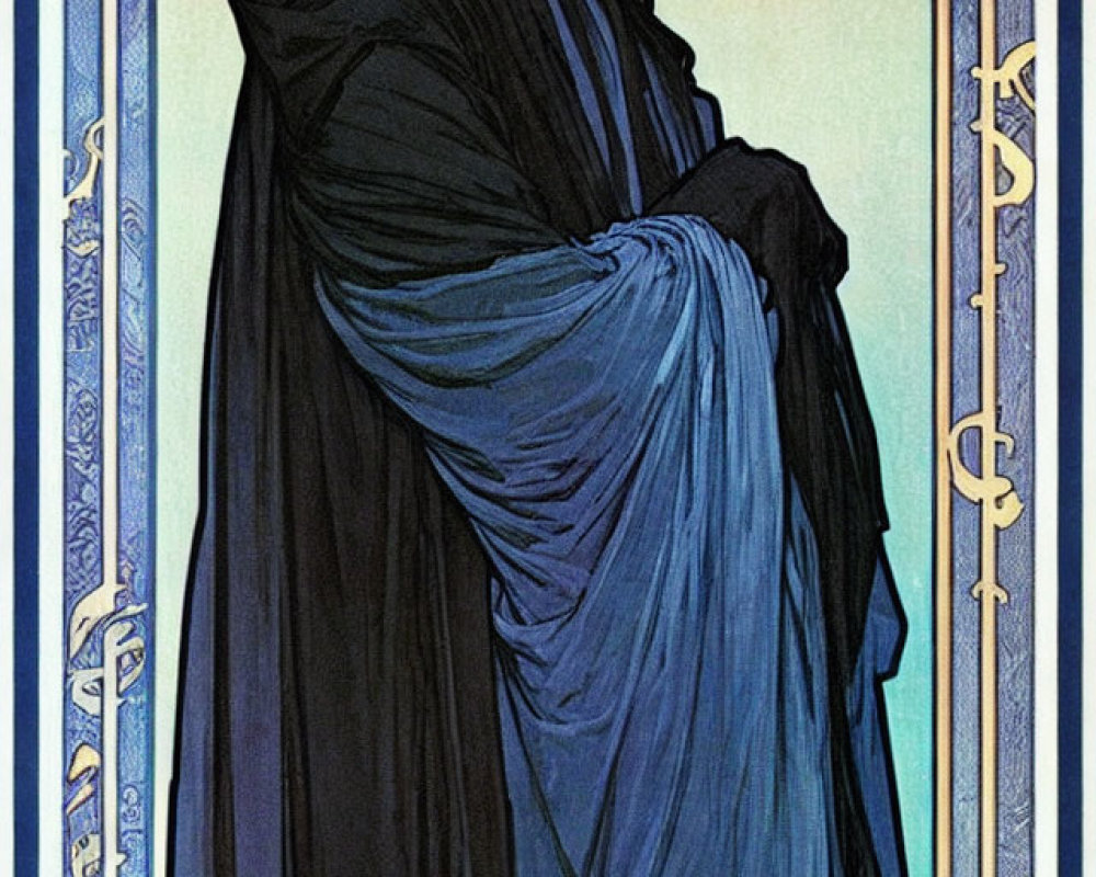 Stern man in dark cloak with blue lining between ornate swords on Art Nouveau backdrop