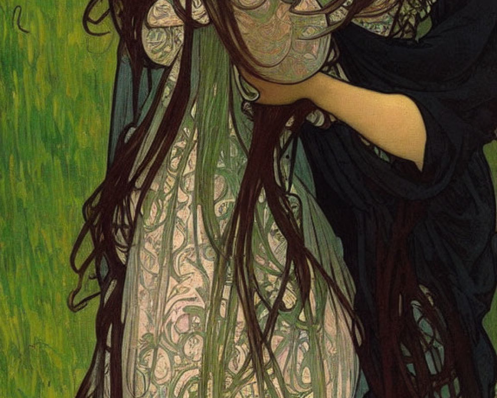 Art Nouveau Style Painting of Two Women in Ornate Dresses