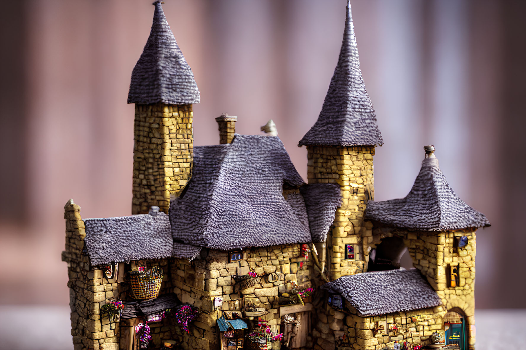 Detailed Miniature Fairy Tale Castle with Pointed Roofs and Stonework against Flowered Background