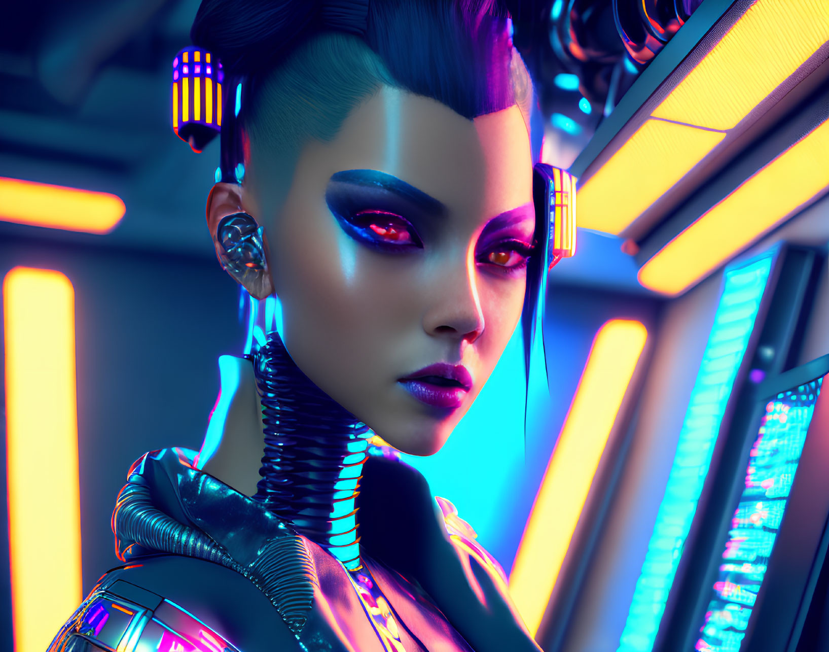 Futuristic woman with cybernetic enhancements in neon-lit sci-fi setting