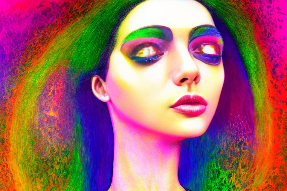 Colorful portrait of woman with green hair and vibrant makeup on neon background