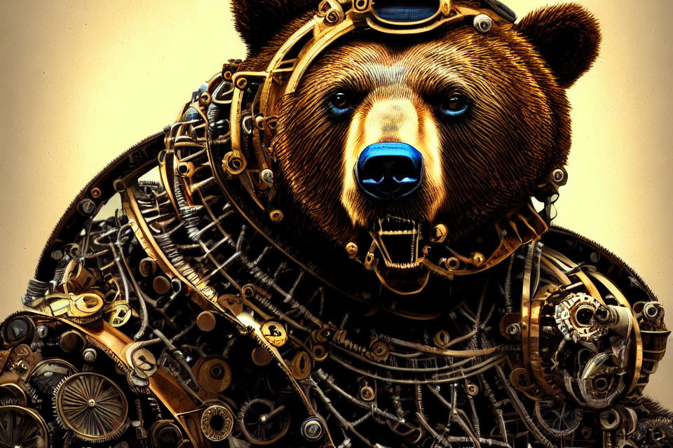 Steampunk-style bear illustration with mechanical gear elements on tan background