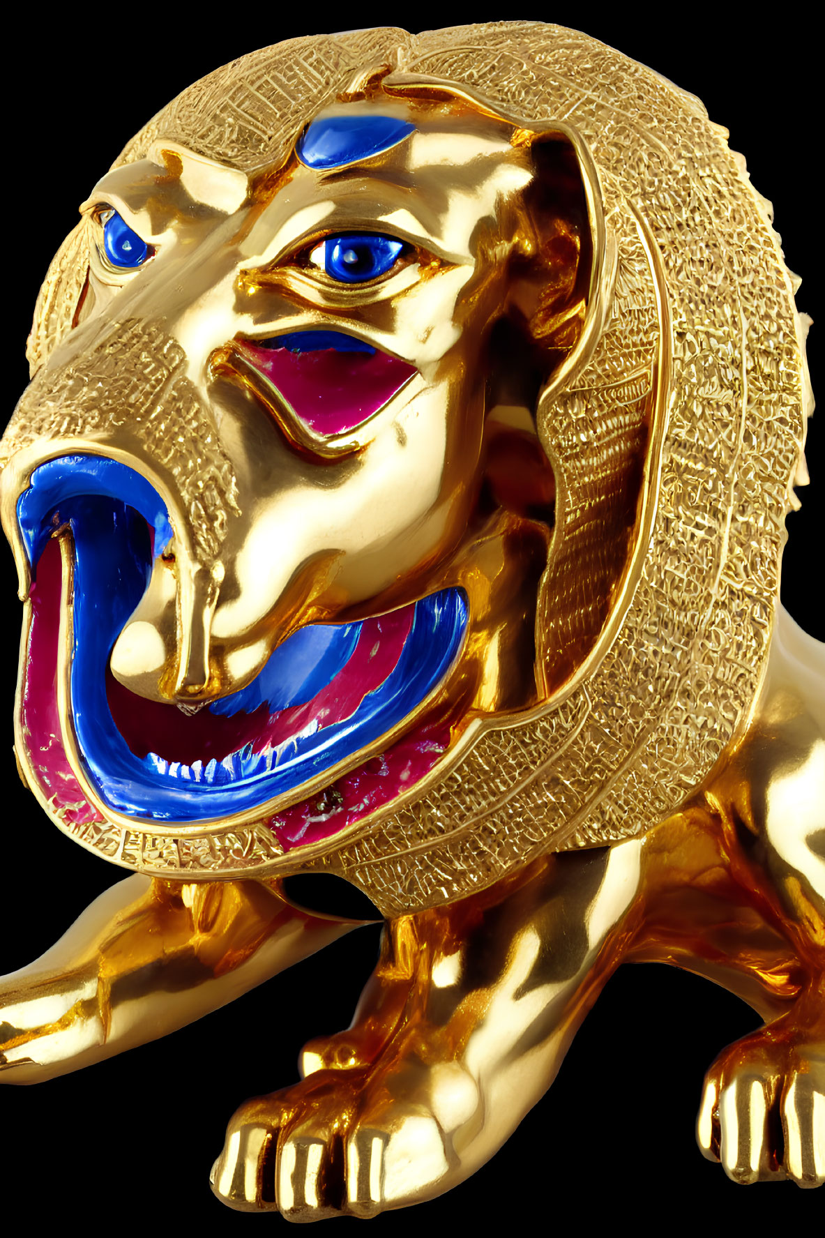 Golden lion statue with blue eyes and sun-like mane on black background