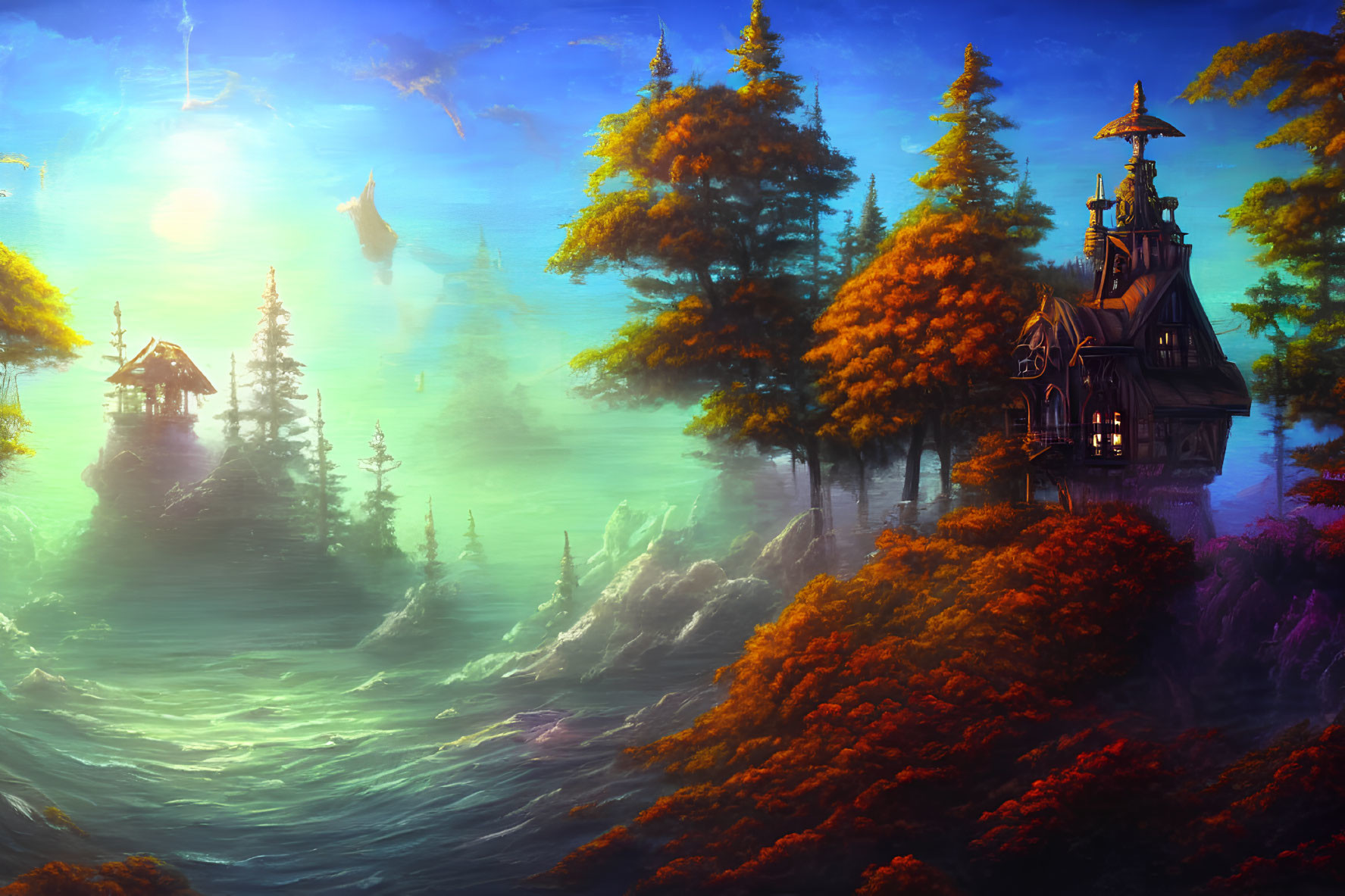Fantasy landscape with mystical house, autumn trees, mist, and floating islands