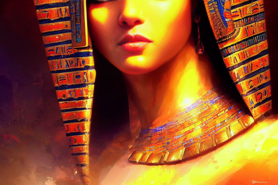 Colorful Egyptian-style portrait of a woman with hieroglyphic patterns