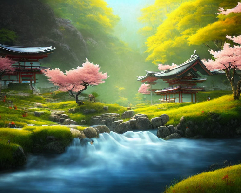 Tranquil Japanese landscape with traditional architecture, cherry blossoms, and flowing stream
