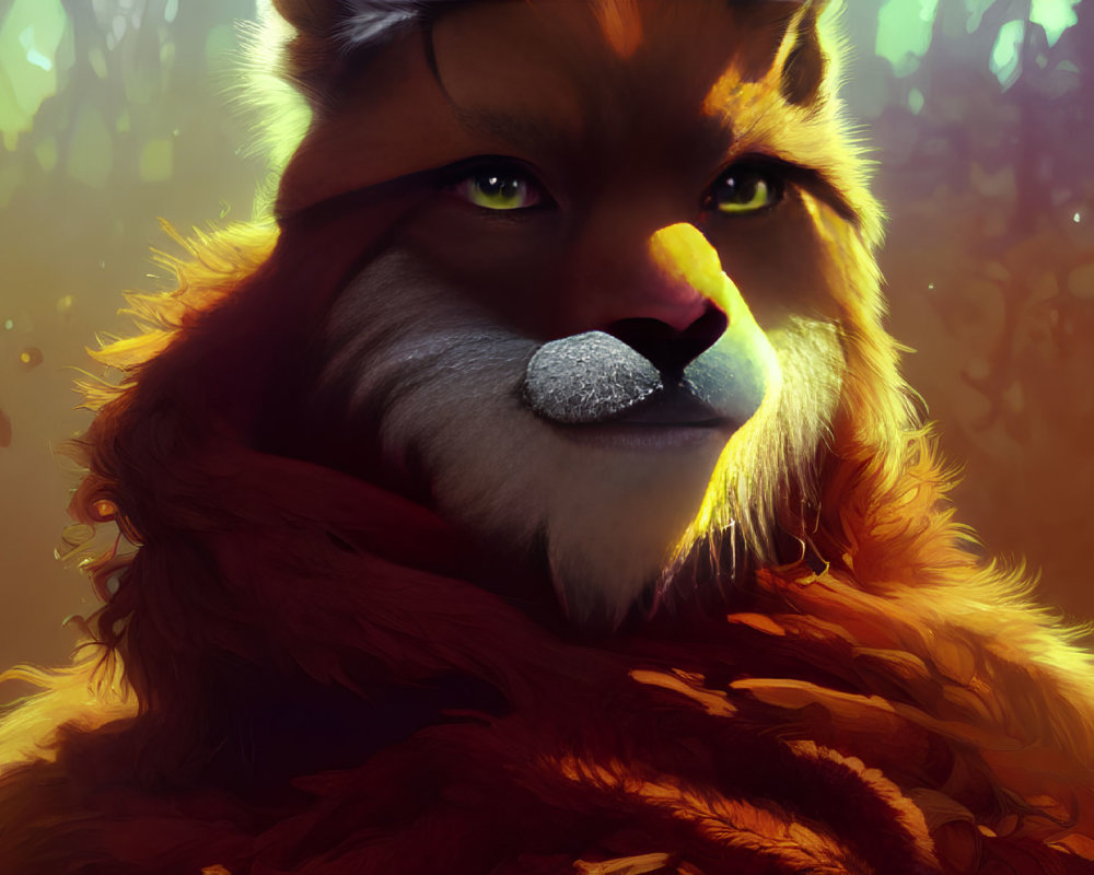 Anthropomorphic fox with green eyes and orange fur in red scarf in sunlit forest