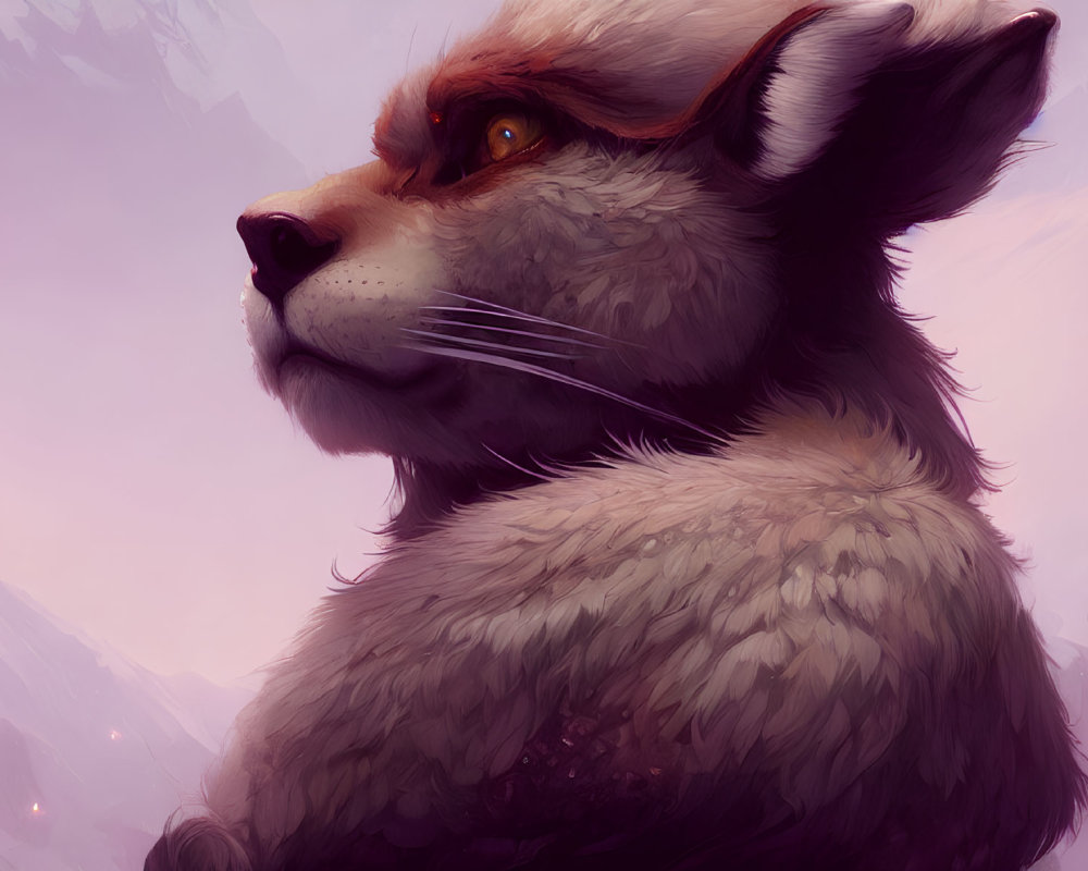 Majestic fox in contemplative pose against mystical purple backdrop