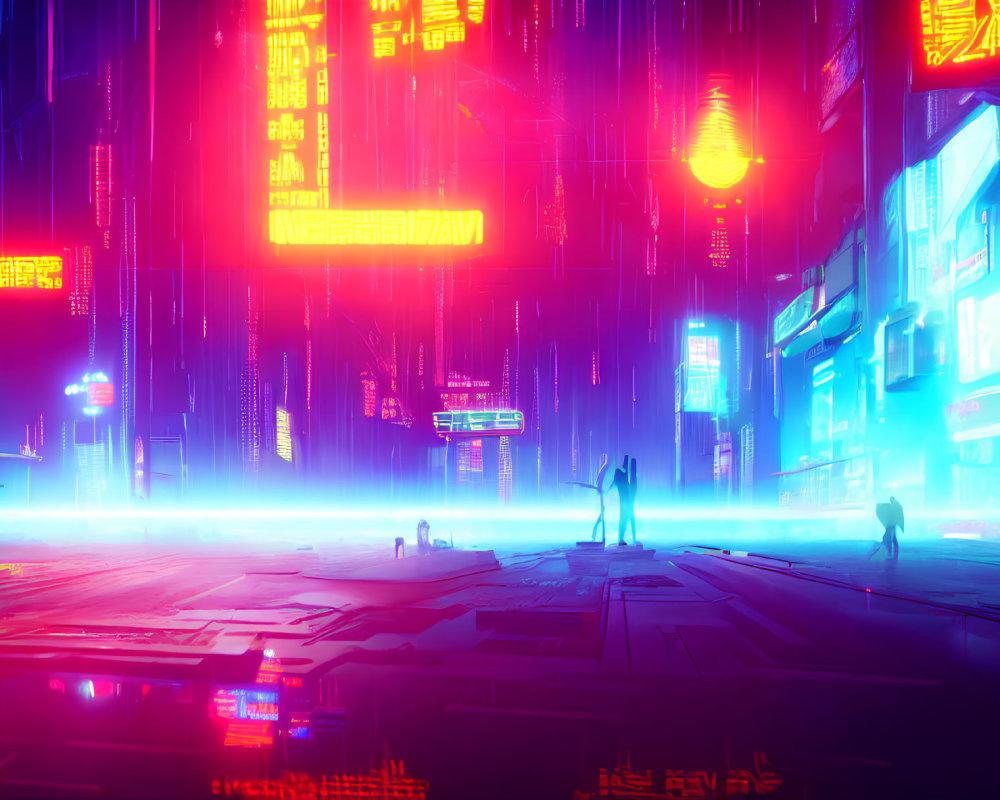 Neon-lit cyberpunk cityscape with skyscrapers and glowing lanterns