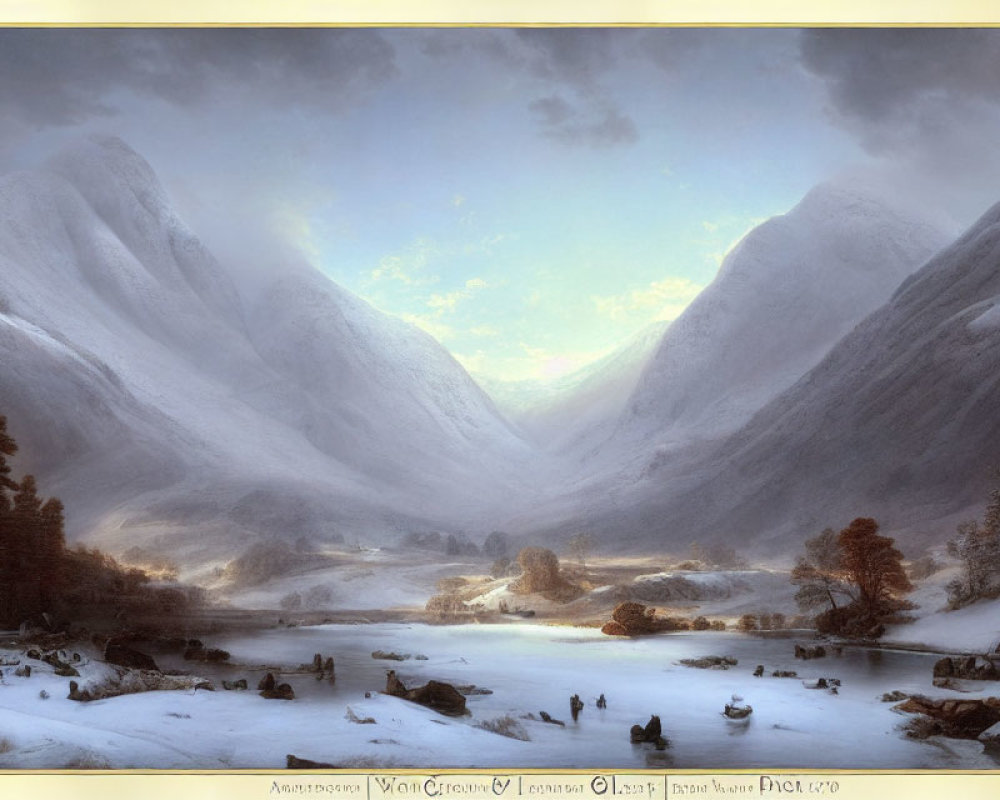 Snow-covered mountains and frozen river in serene winter landscape