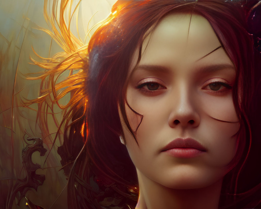 Digital painting of woman with red hair backlit by warm glow in tall grasses