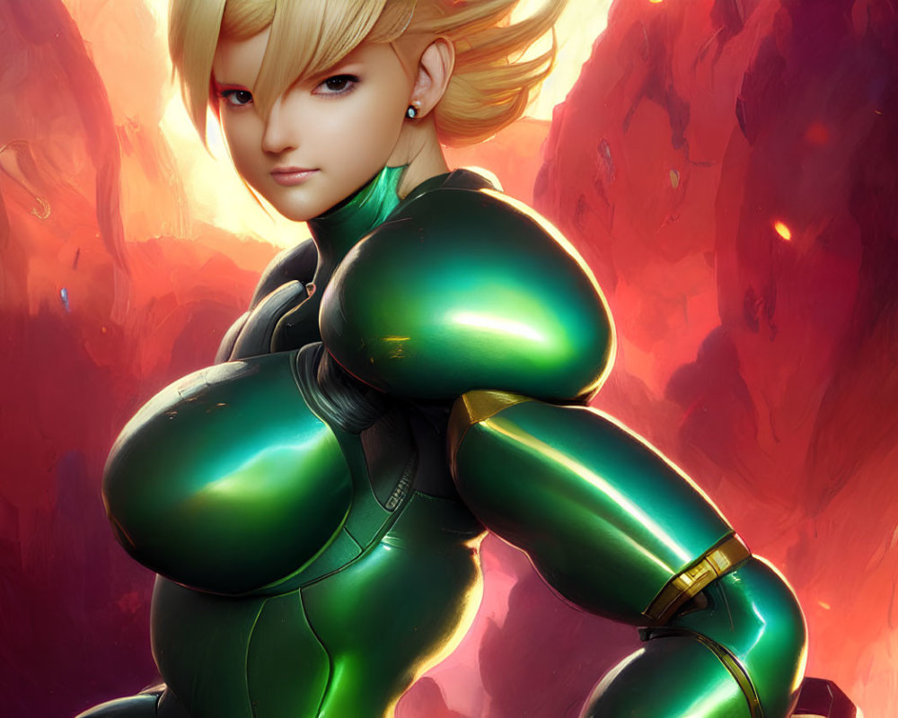 Blonde character in green armor suit on red-orange background