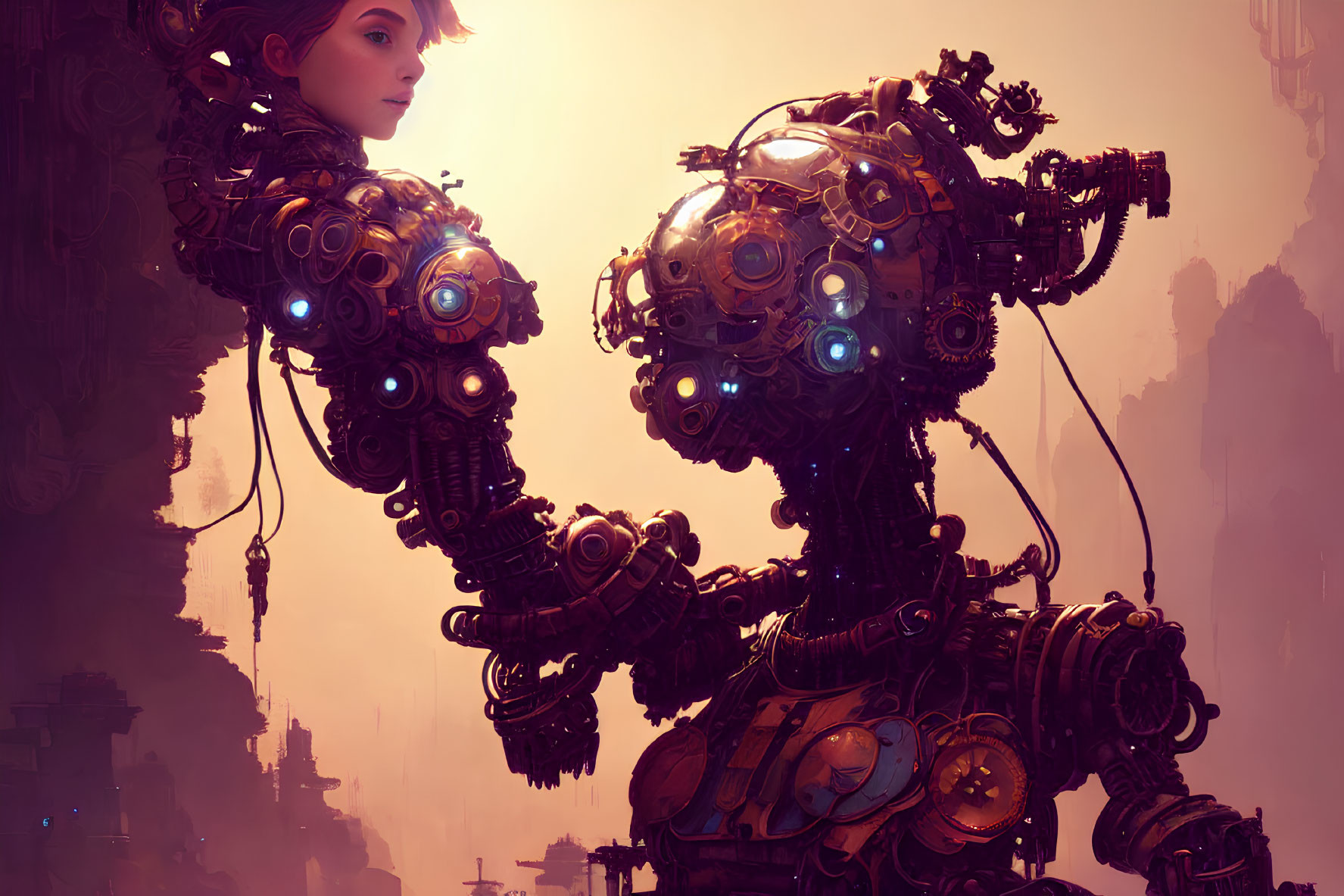 Confident woman next to intricate robot in futuristic cityscape
