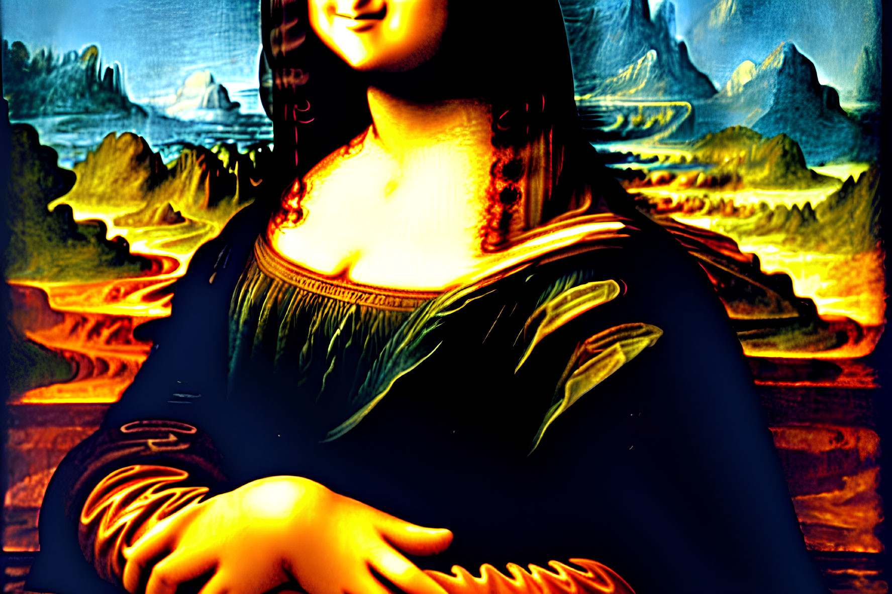 Vividly Colored Mona Lisa Painting with Golden Hues
