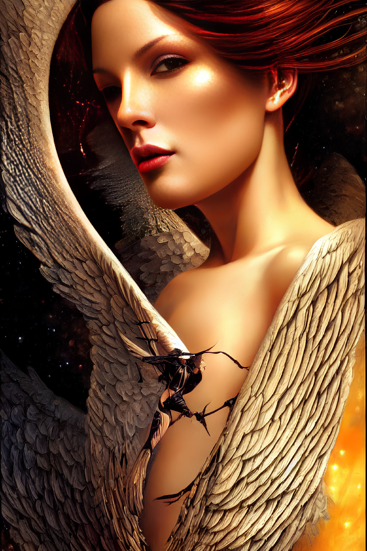 Red-haired woman enveloped in bird-like wings against fiery cosmic background