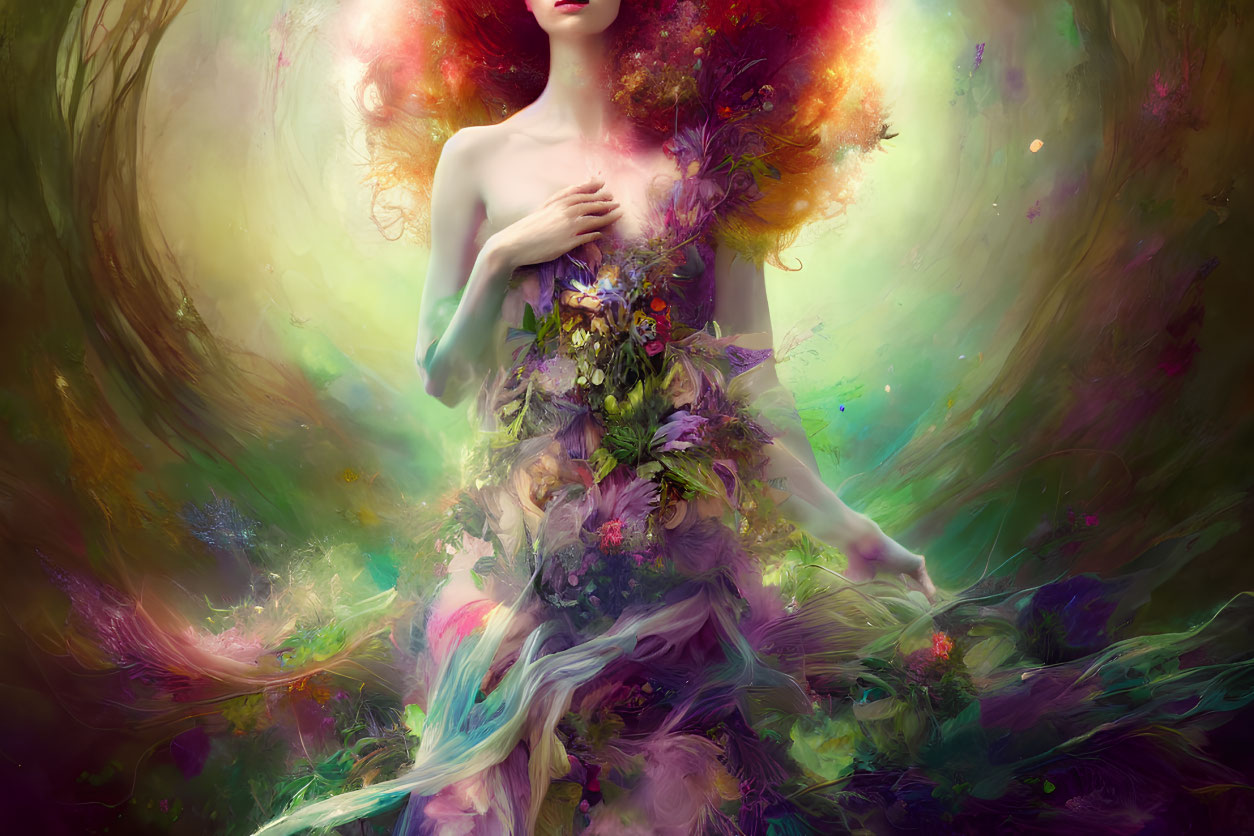 Vibrant foliage and flowers blend with vivid colors in surreal portrait