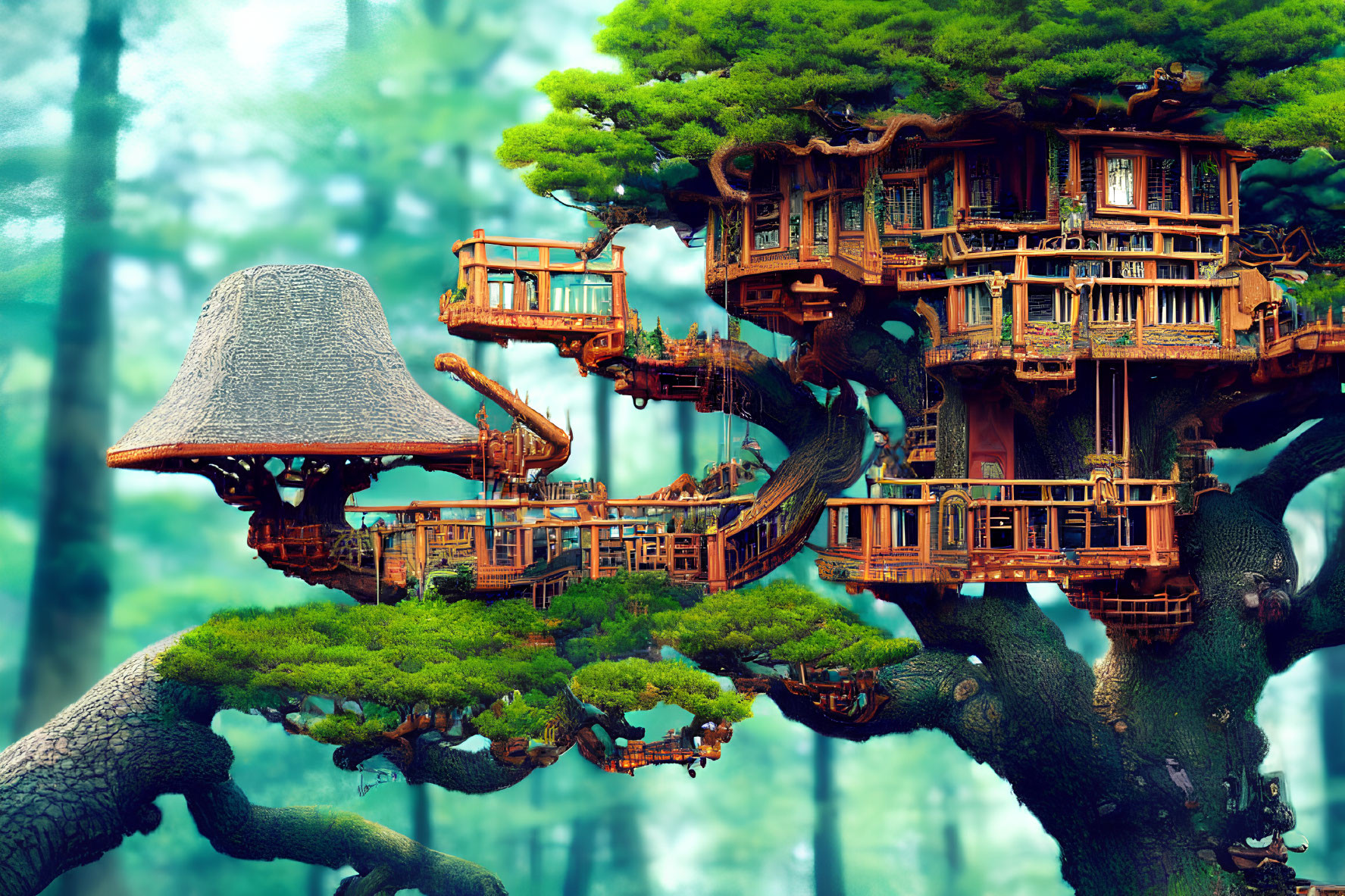 Intricate wooden architecture in fantastical treehouse amid lush forest