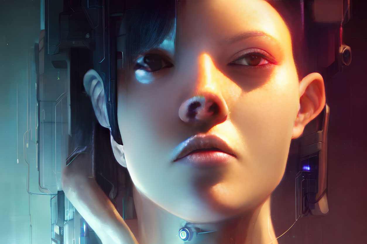 Digital art portrait of a woman with cyborg features and glowing red eyes in futuristic setting