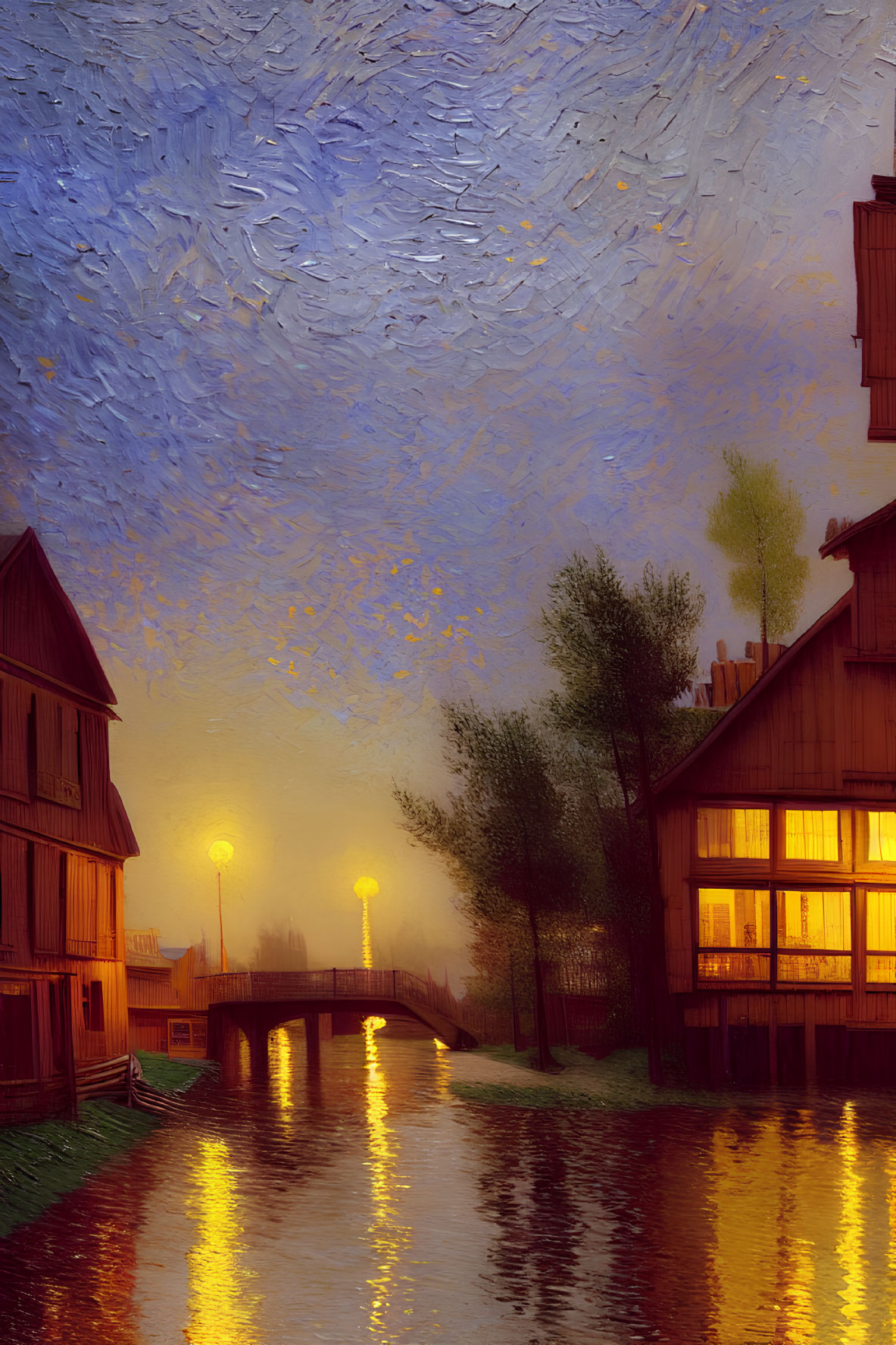Serene evening digital artwork with illuminated buildings and swirling twilight sky