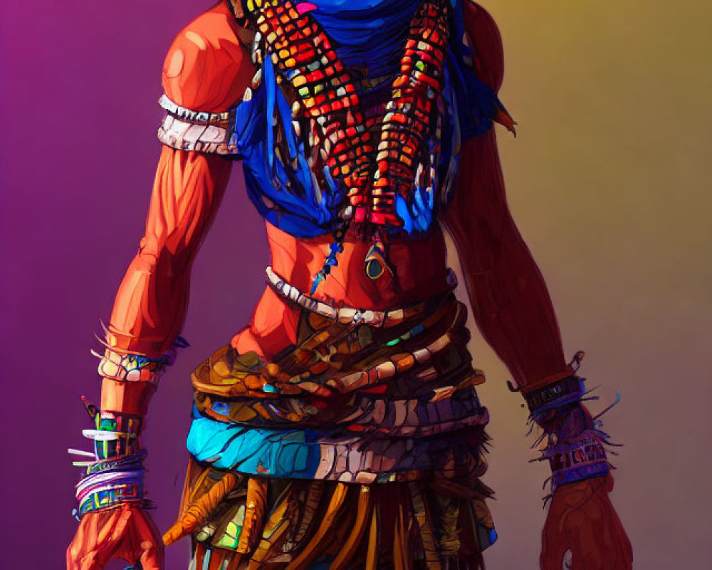 Person in Traditional Attire with Elaborate Headgear and Bead Necklaces on Gradient Background