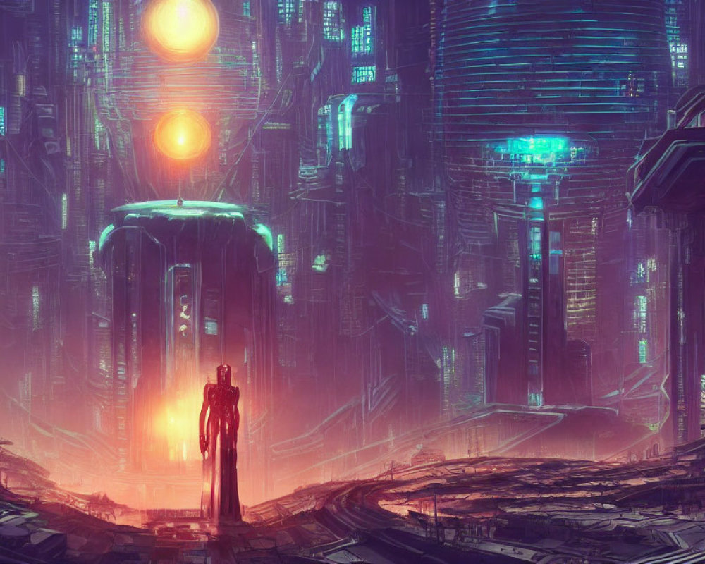 Futuristic cityscape with neon lights and three suns, lone figure in silhouette