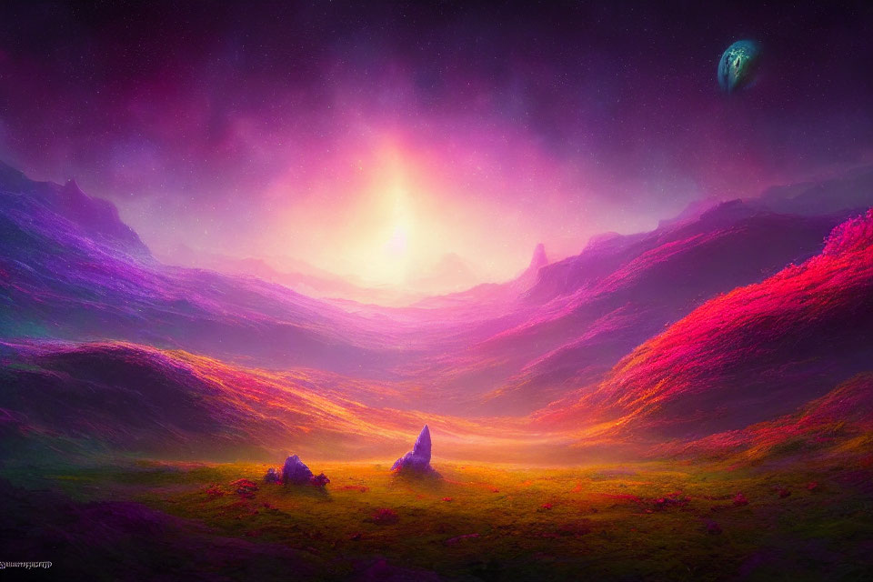 Ethereal landscape with purple and pink hues, radiant sky, mountains, and distant planet