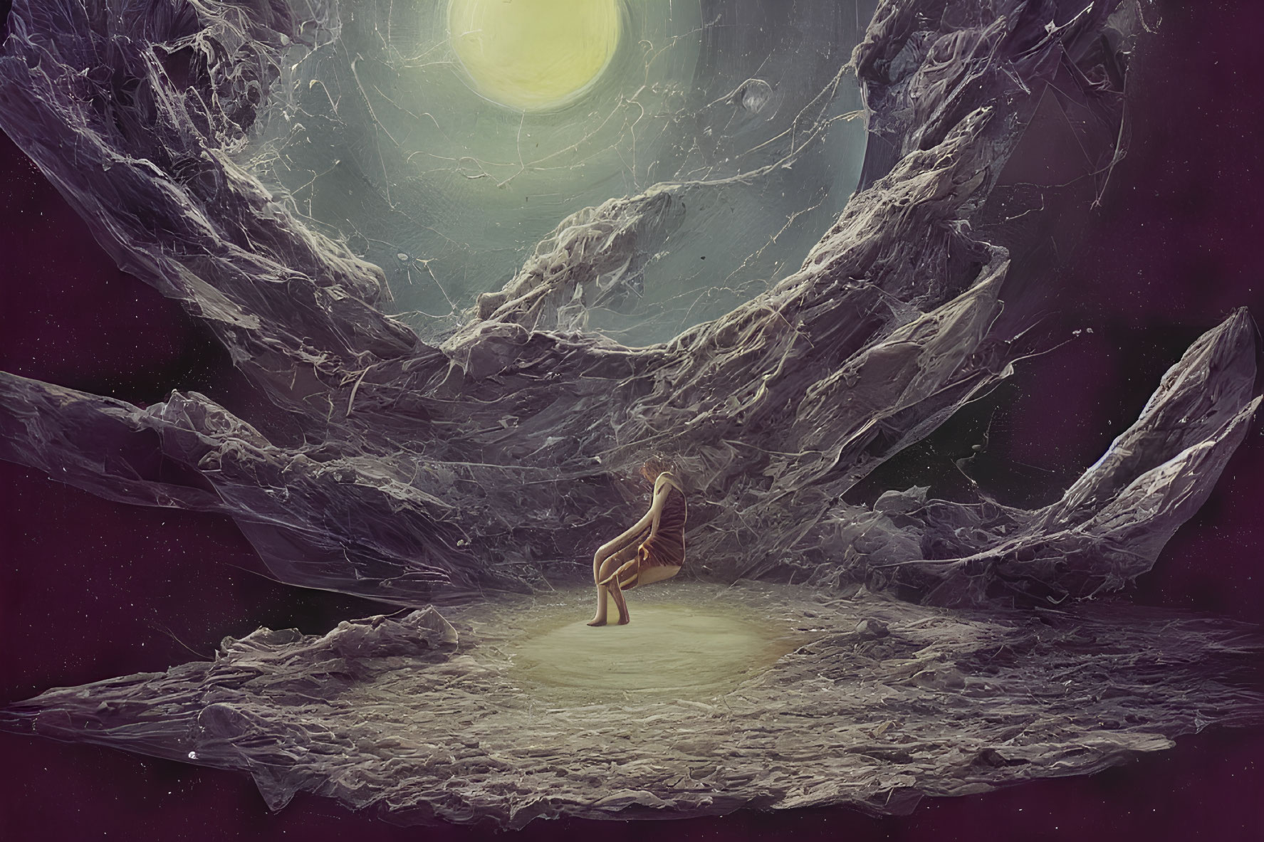 Lonely figure surrounded by rocks and webs under moonlit sky