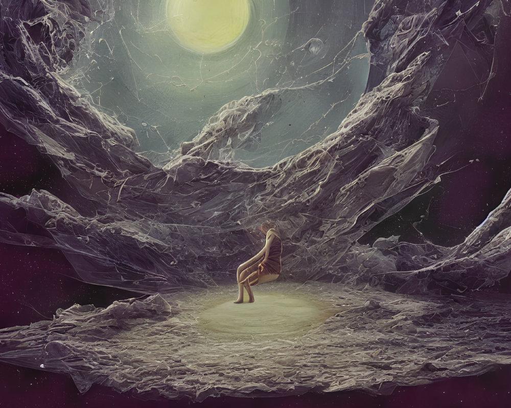 Lonely figure surrounded by rocks and webs under moonlit sky
