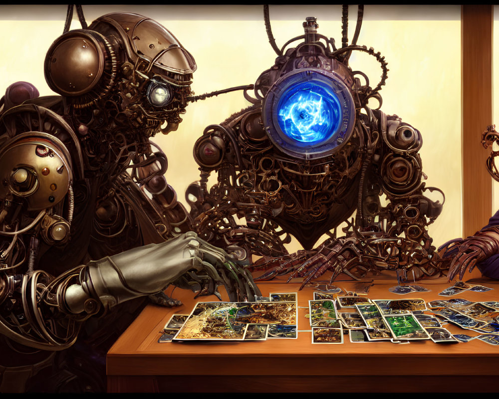 Steampunk robot with blue core and woman playing card game in warm-toned setting