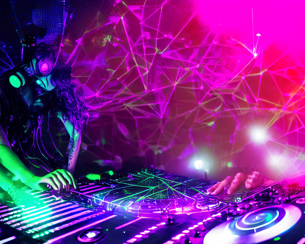 Neon-lit DJ mixing tracks in vibrant club scene
