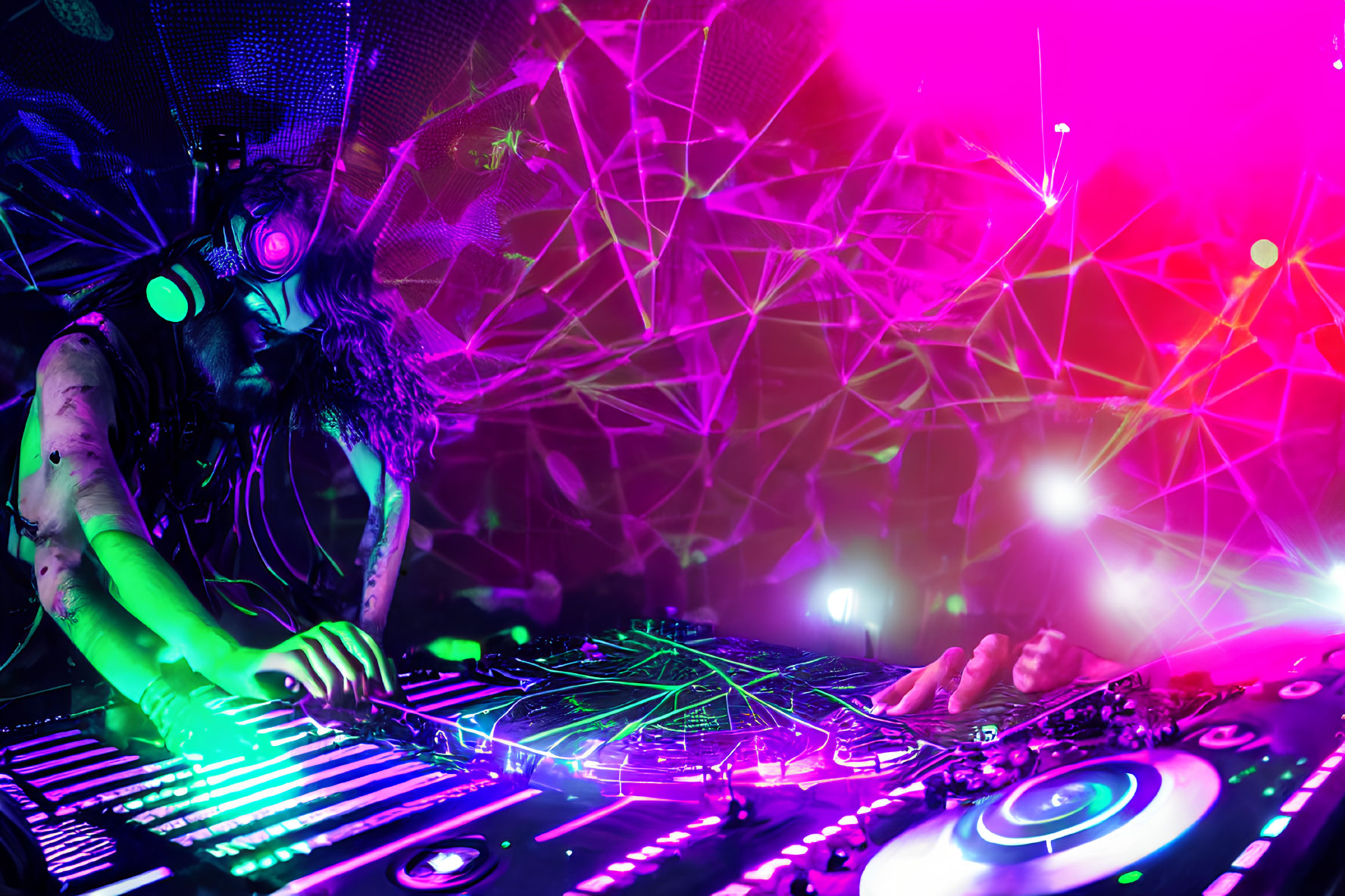 Neon-lit DJ mixing tracks in vibrant club scene
