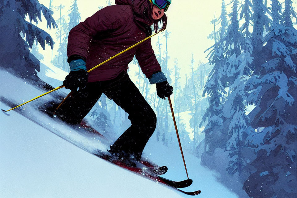 Skier in purple jacket skiing snowy slope with trees in background