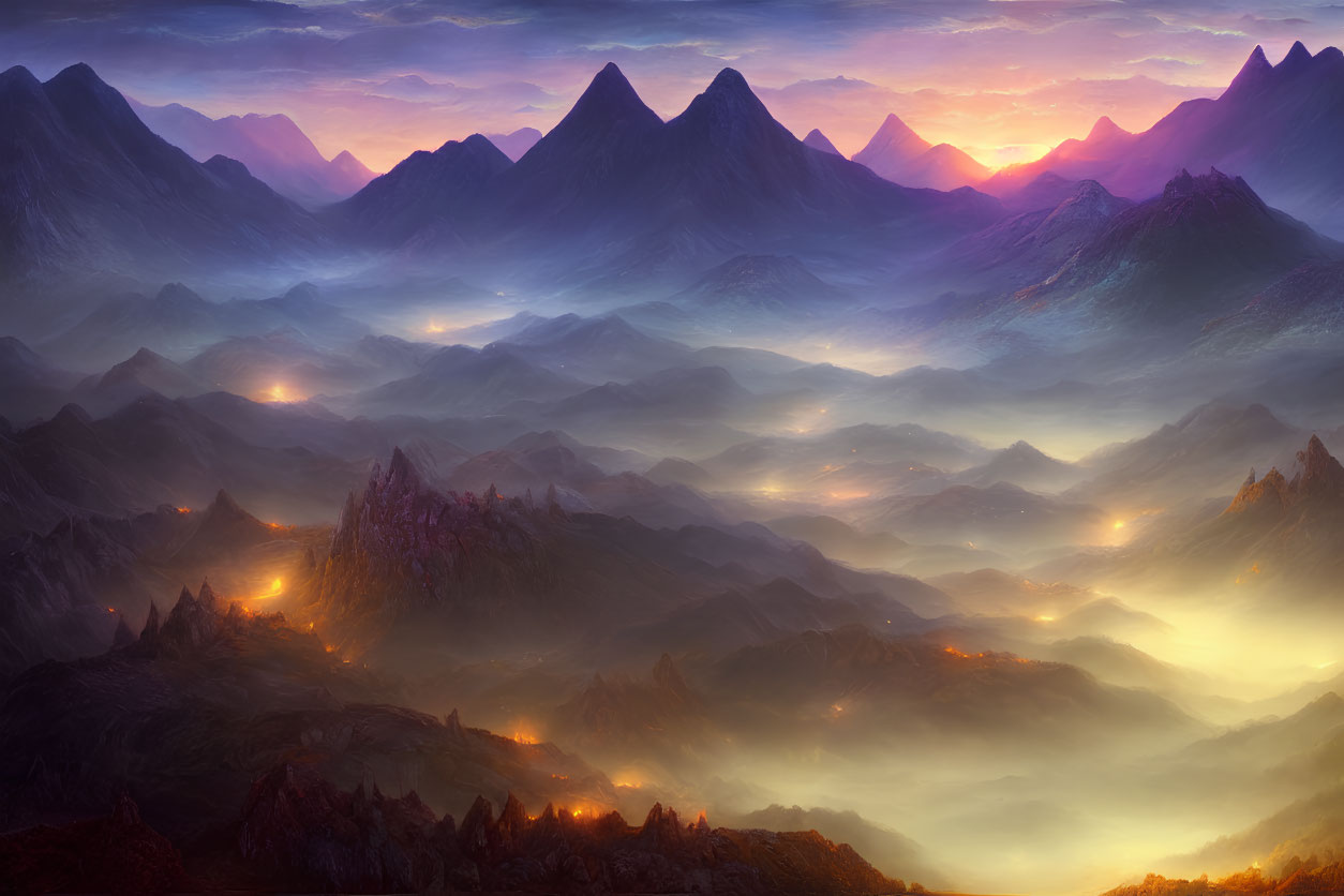 Mystical twilight landscape with glowing valley lights
