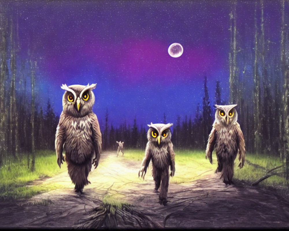 Bright Yellow-Eyed Owls Walking on Forest Path Under Purple Moon