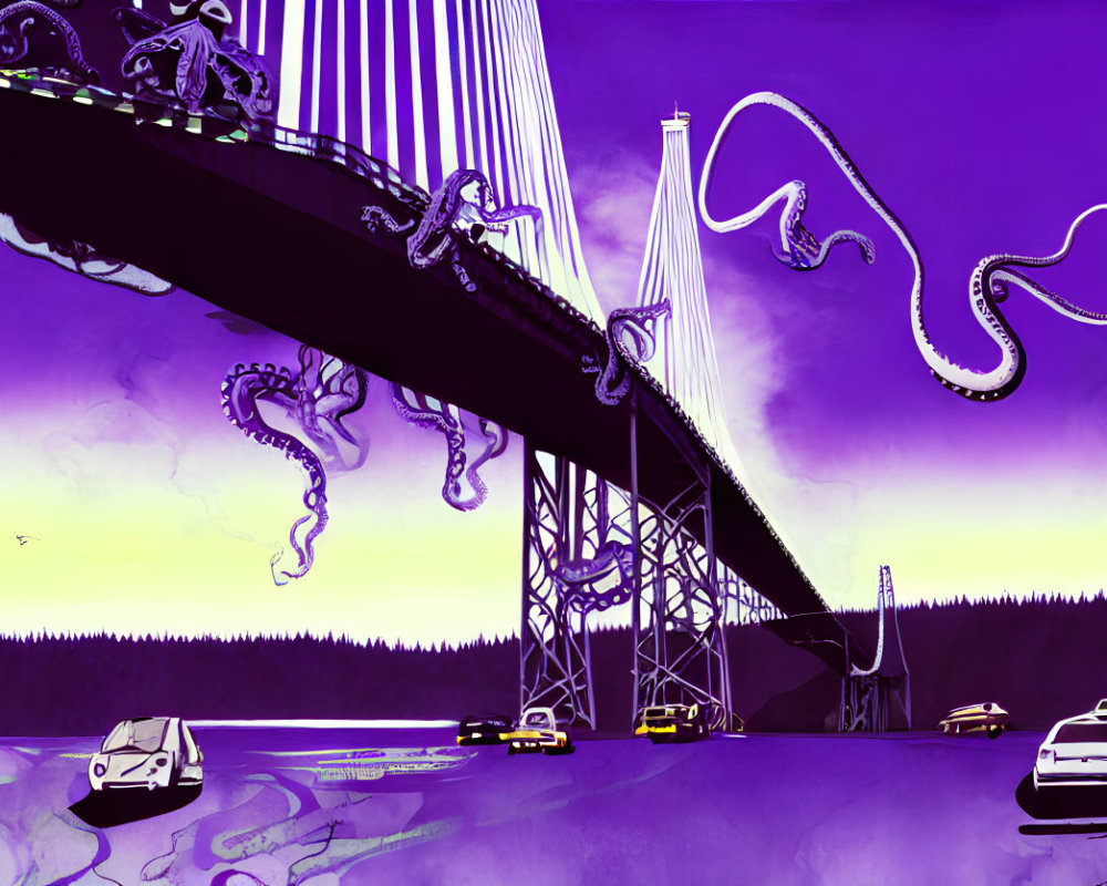 Purple bridge illustration with octopus tentacles, cars, and bird.