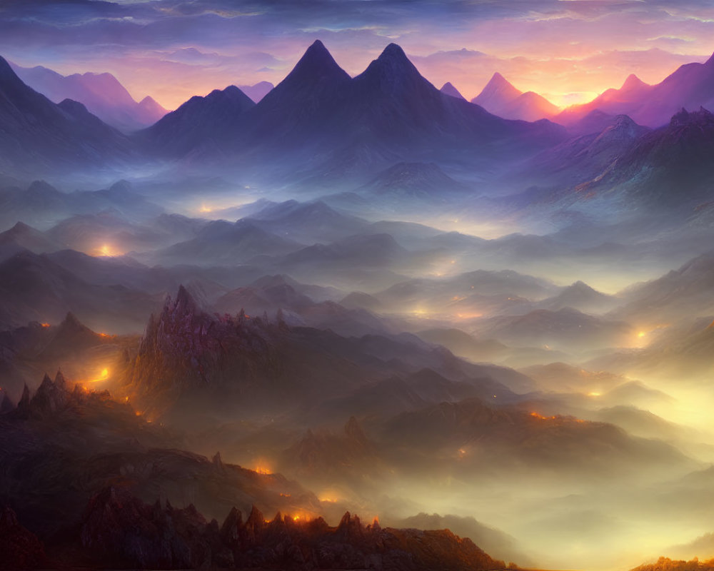 Mystical twilight landscape with glowing valley lights