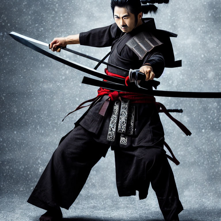 Traditional Samurai Attire Figure with Sword in Dynamic Pose