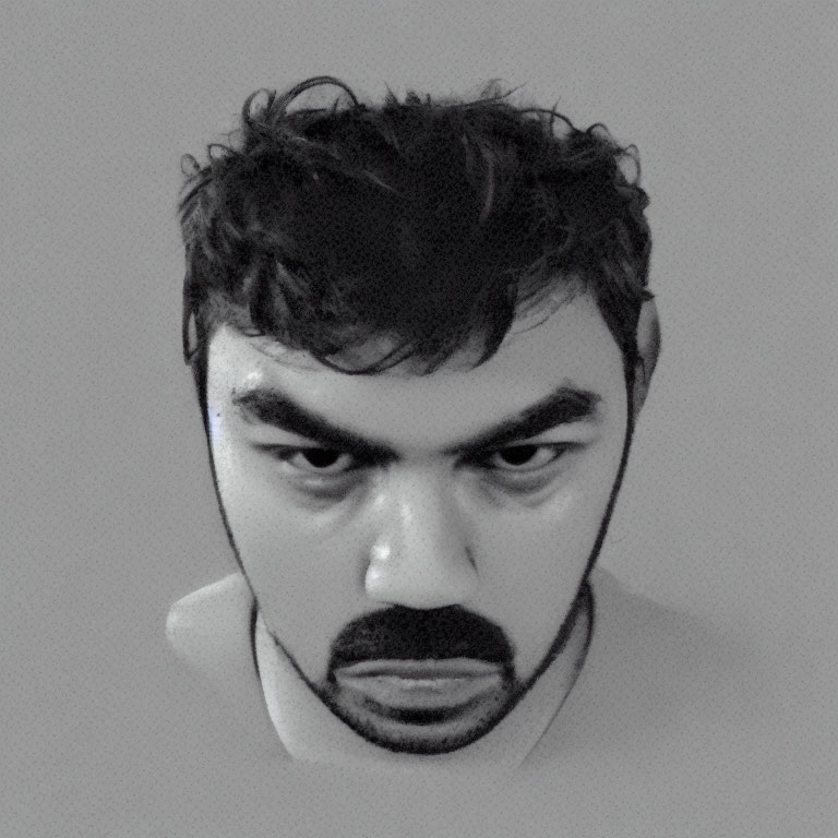 Serious person with dark hair and mustache in grayscale portrait