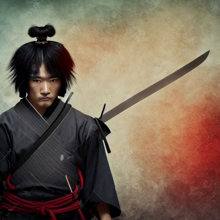 Young samurai with topknot hairstyle wields katana on reddish backdrop