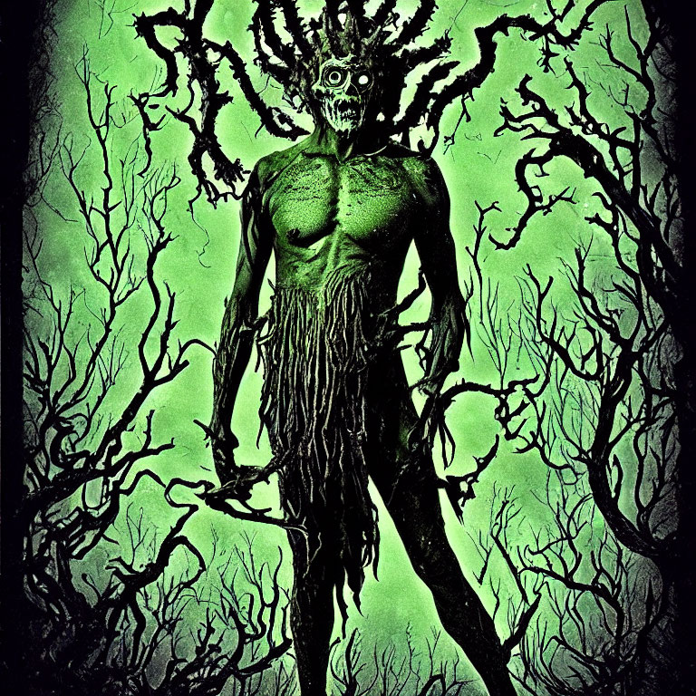 Fantasy creature with green tones, branch head, root lower body, eerie forest background