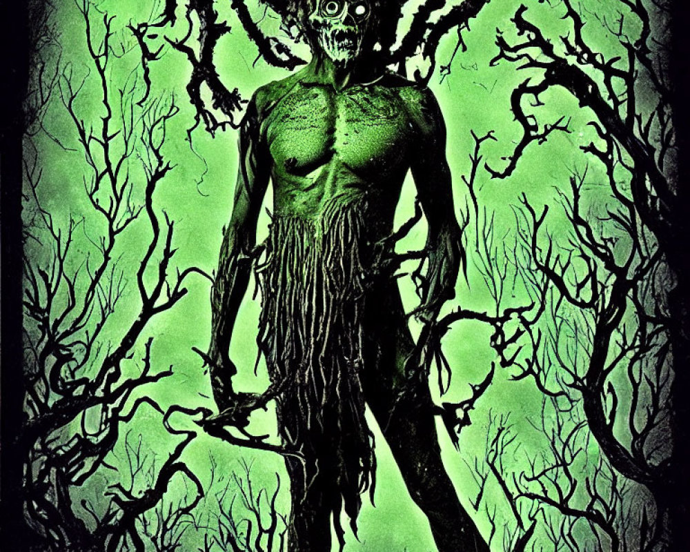 Fantasy creature with green tones, branch head, root lower body, eerie forest background