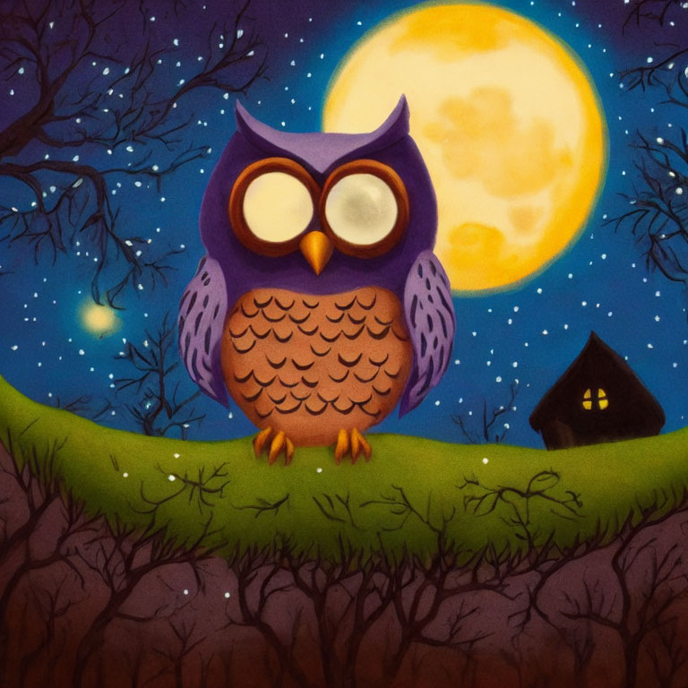 Purple owl perched on tree branch under yellow full moon