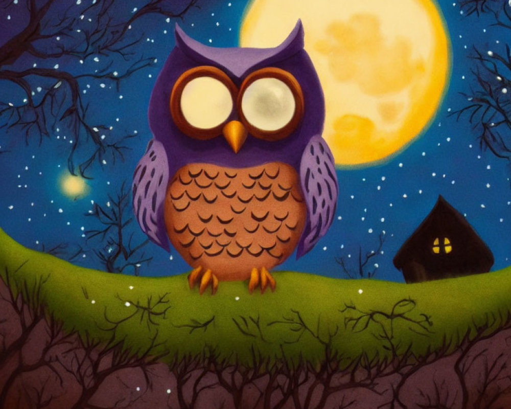 Purple owl perched on tree branch under yellow full moon