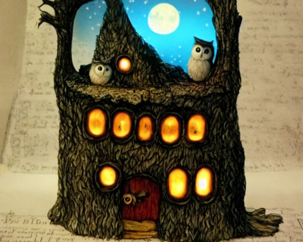Whimsical tree with illuminated door and windows, owls under full moon