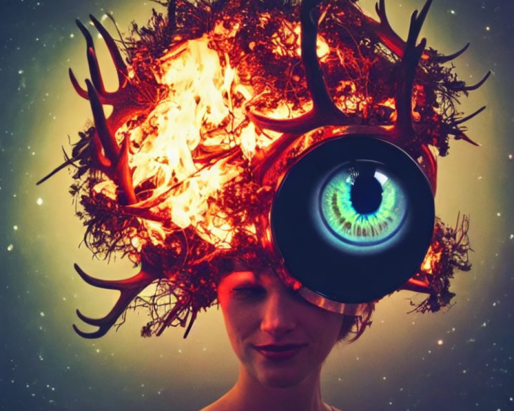 Surreal headpiece with flaming branches and central eye on starry background