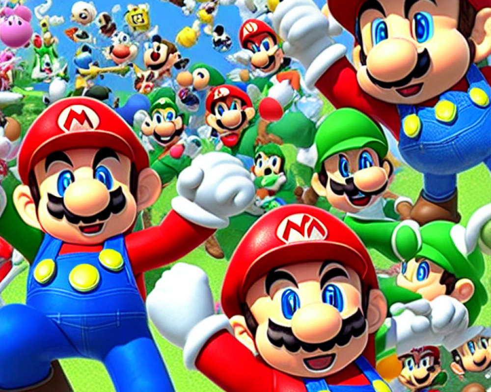 Vibrant Mario Character Collage Featuring Marios, Luigis, Yoshis, and Princess